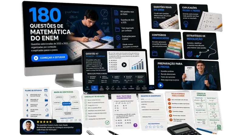 Mockup do Guia Visual das 180 Questões de Matemática do ENEM em monitor, notebook e materiais impressos
