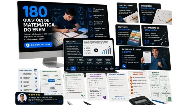 Mockup do Guia Visual das 180 Questões de Matemática do ENEM em monitor, notebook e materiais impressos